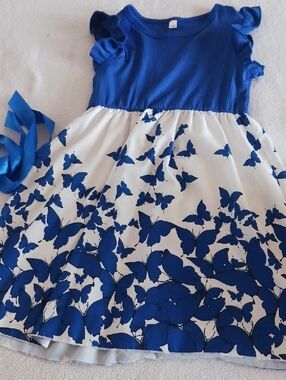 Blue Butterfly Print Girls' Dress